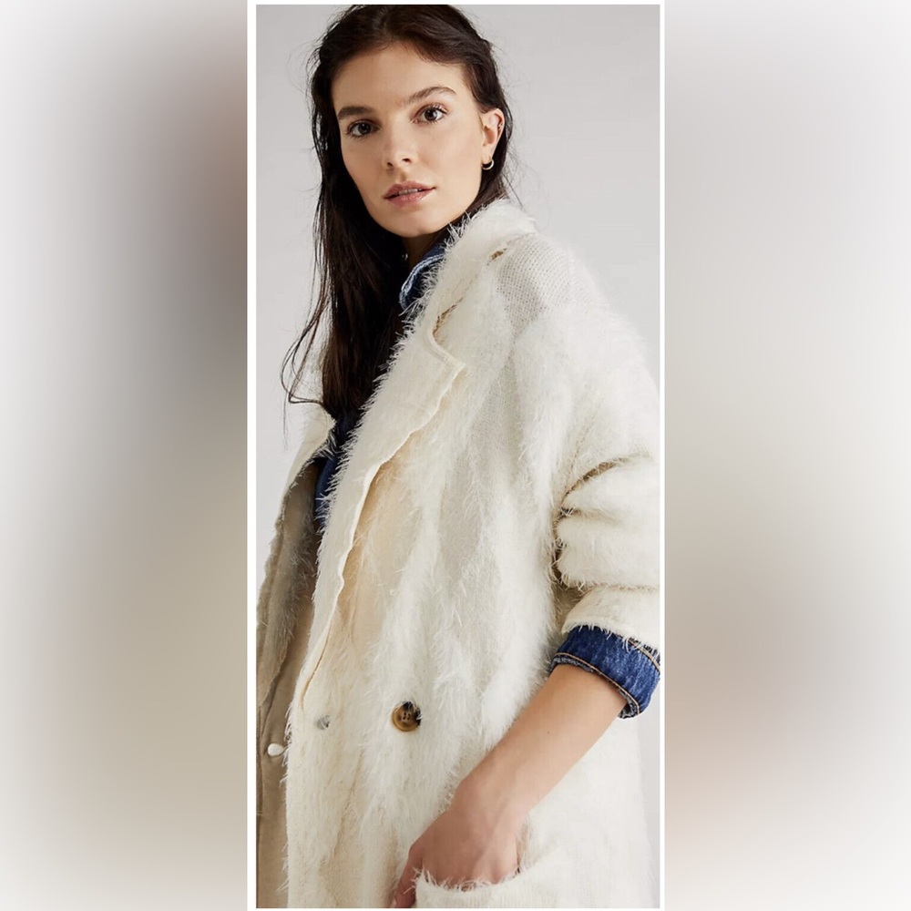 Free people David Cardi Jacket Furry diamond Knit Pattern longline Ivory - Picture 4 of 11